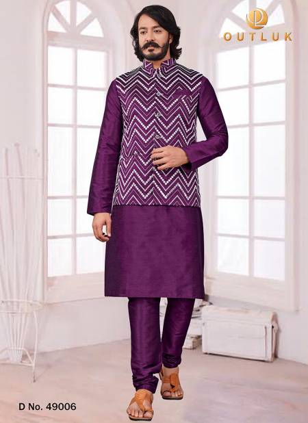 Magenta Colour Art Silk Wedding Wear Kurta Pajama With Jacket Mens Collection 49006